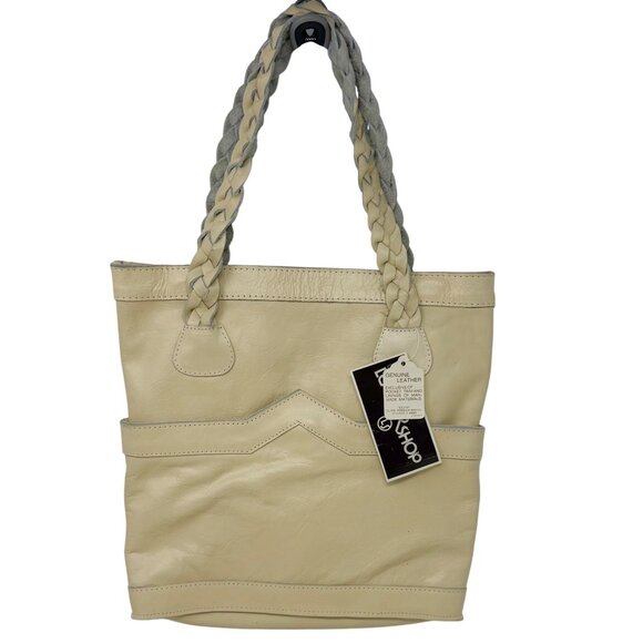 Vtg Sears Genuine Leather Shop Beige PUrse Tote Bag Braided Handles Hobo Bucket - Picture 2 of 13
